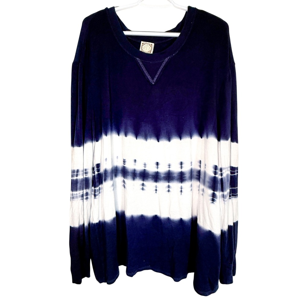 Self Esteem 1X Navy White Tie Dye Long Sleeve Rayon Flowy Top Boho Coastal